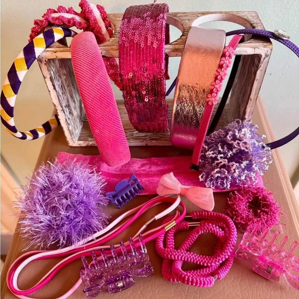 Assortment pink & purple hair accessories for tweens/teens